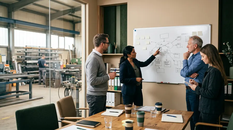 Menschen in einem mittelständischen Betrieb besprechen eine Strategie an einem Whiteboard