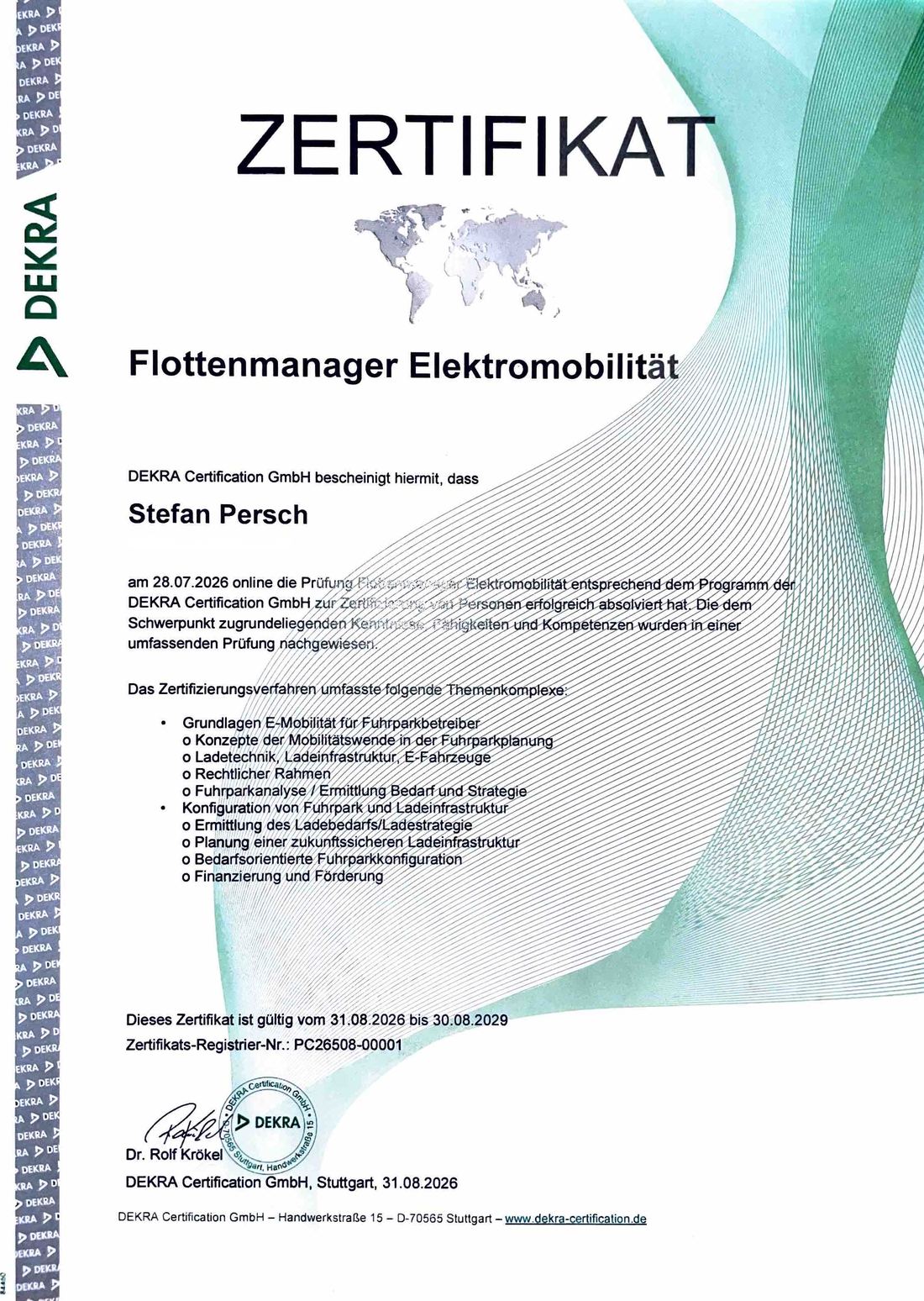 Zertifikat Flottenmanager Elektromobilität DEKRA